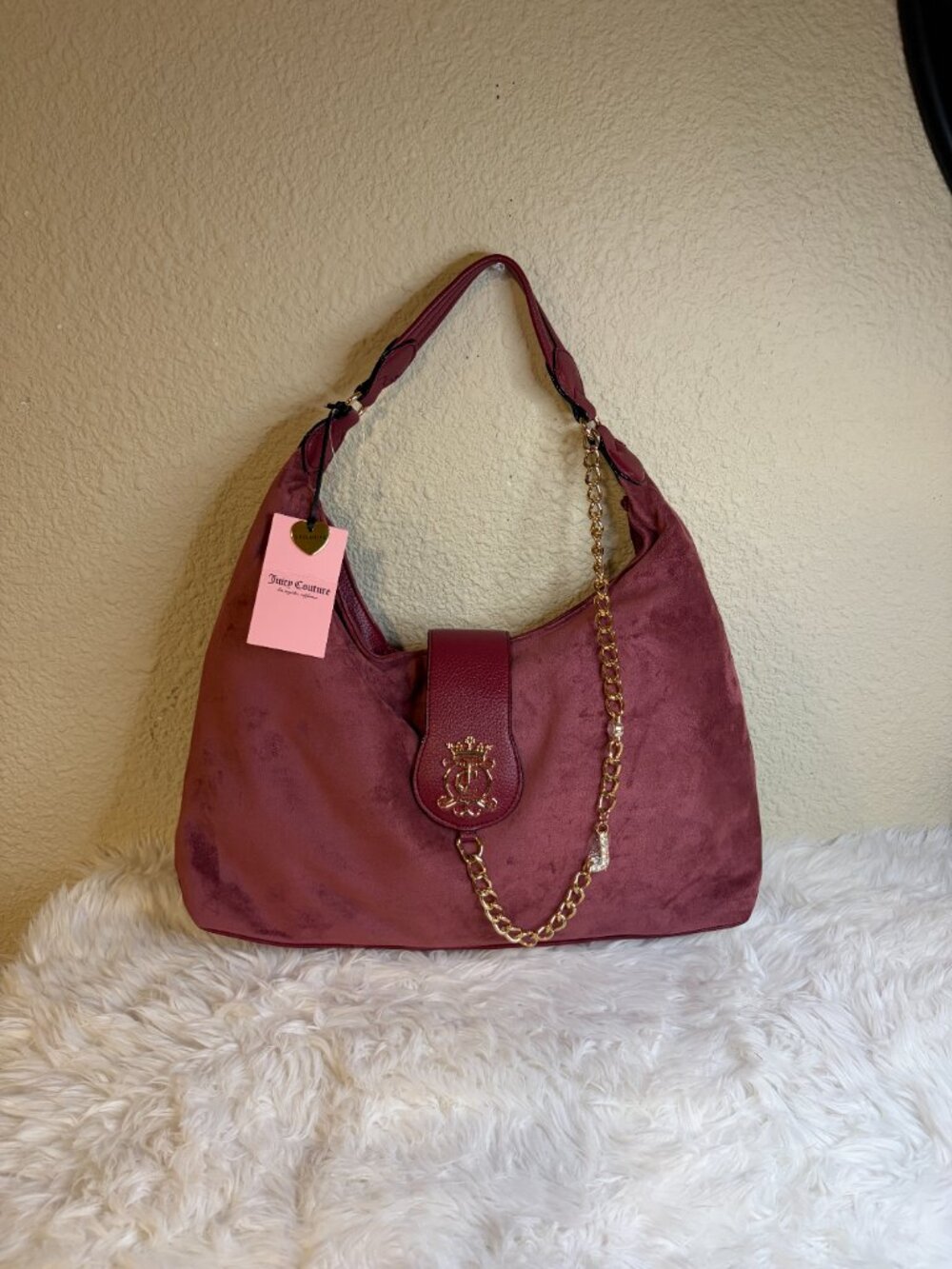 Juicy Couture Royal Crest Hobo Bag Cranberry Juice Velour Chain NWT - Picture 2 of 8